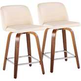 Toriano 24" Swivel Counter Stool in Walnut Wood & Cream Leatherette with Chrome Footrest (Set of 2)